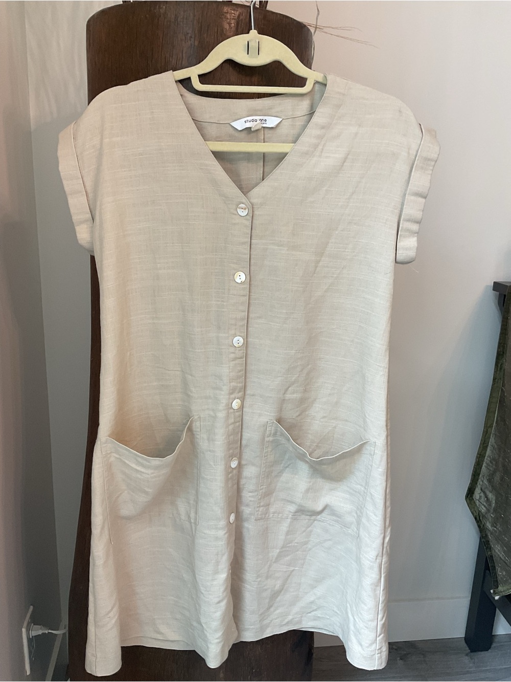 ***Studio One** Beige Textured Linen Mix Shirt Dress.